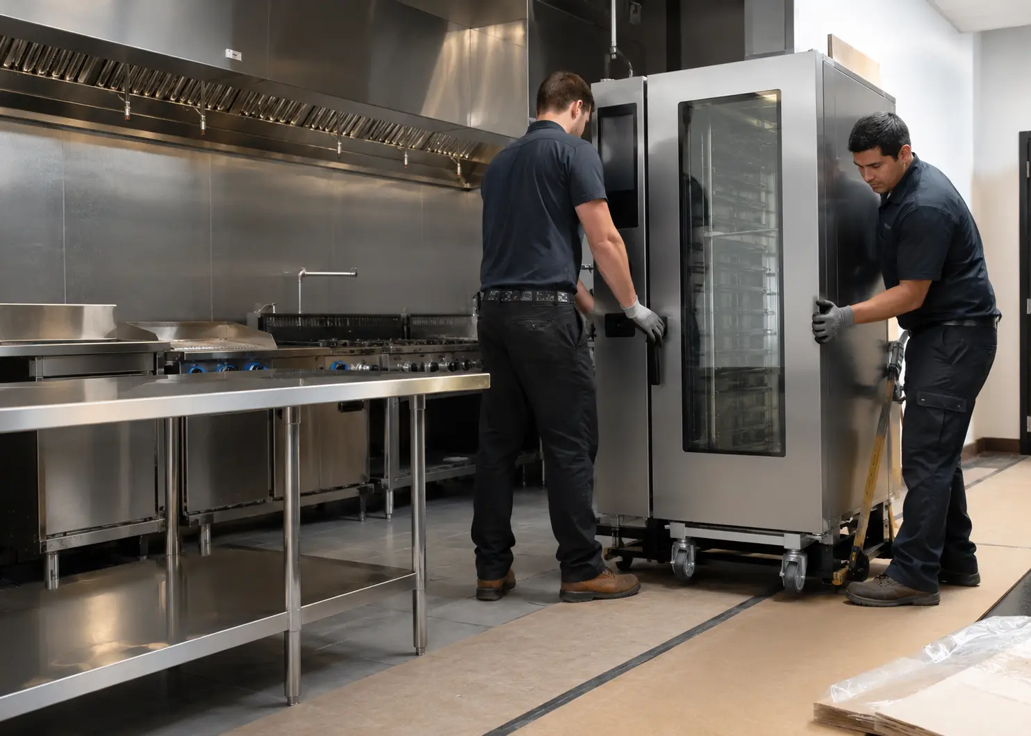 Commercial kitchen equipment being installed