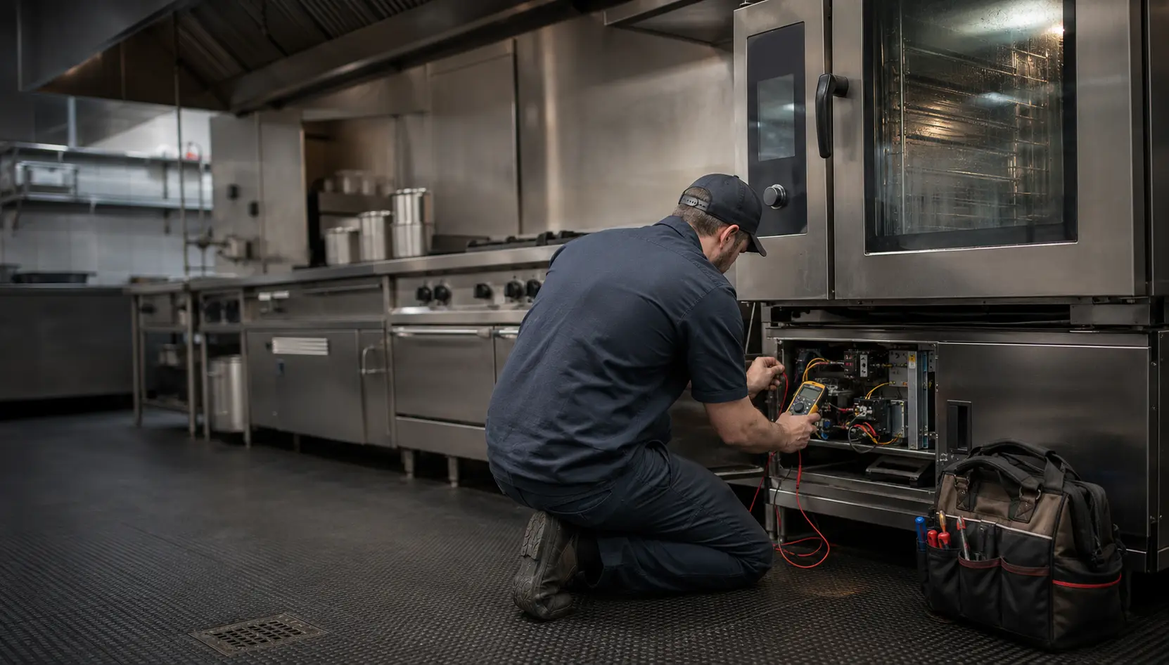 A technician working on commercial kitchen equipment
