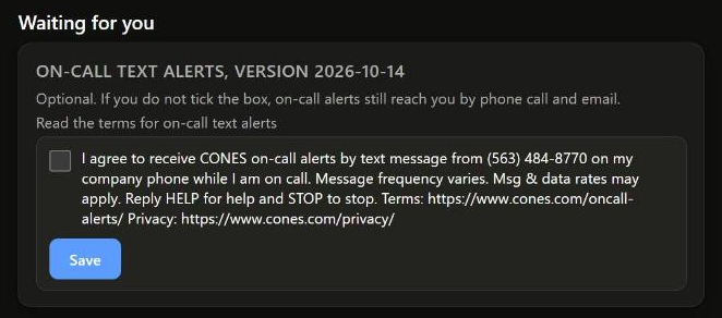Close-up of the On-call text alerts item: an unticked checkbox labeled with the disclosure above, a link to these terms, and a Save button